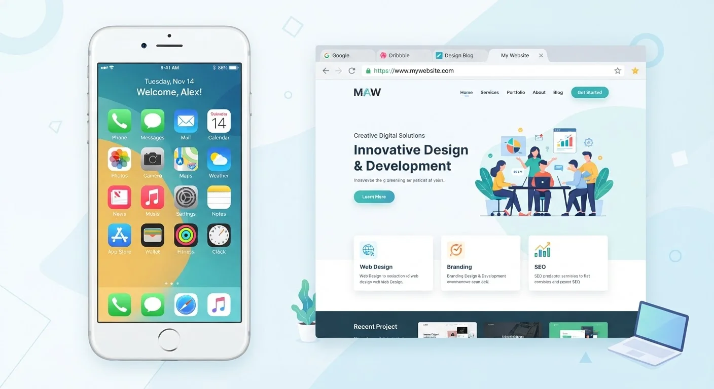 Smartphone home screen with app icons beside a web browser displaying a website